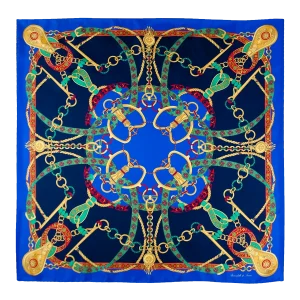 Foulard donna 90x90 in seta di Como fantasia catene e nastri blu navy e blu elettrico