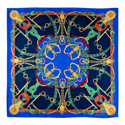 Foulard donna 90x90 in seta di Como fantasia catene e nastri blu navy e blu elettrico