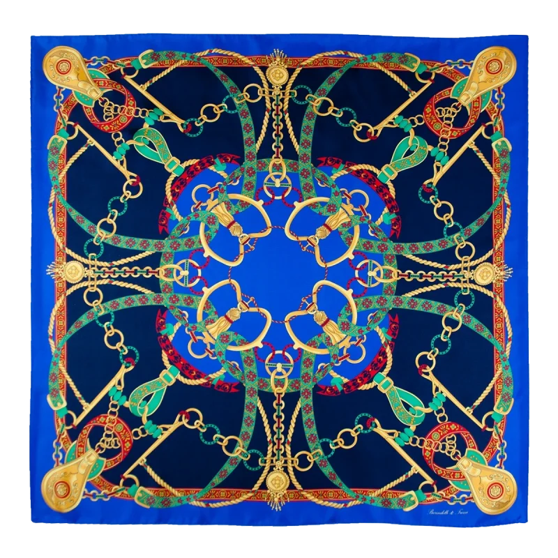 Foulard donna 90x90 in seta di Como fantasia catene e nastri blu navy e blu elettrico