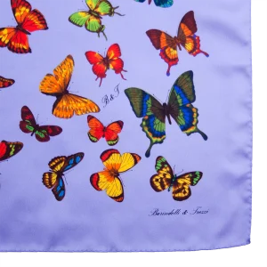 foulard in seta pervinca con farfalle colorate e firma Barindelli & Trezzi