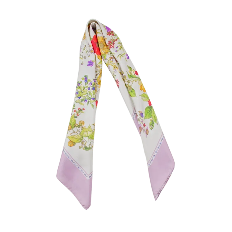 foulard da donna in seta con fantasia di fiori e frutti e bordo rosa