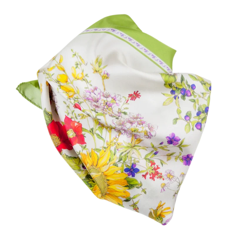 foulard da donna in seta con fiori frutti e bordo verde lime