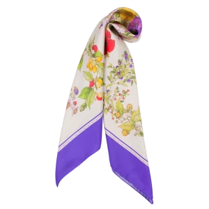 foulard da donna in seta con fantasia fiori e frutti e bordo viola