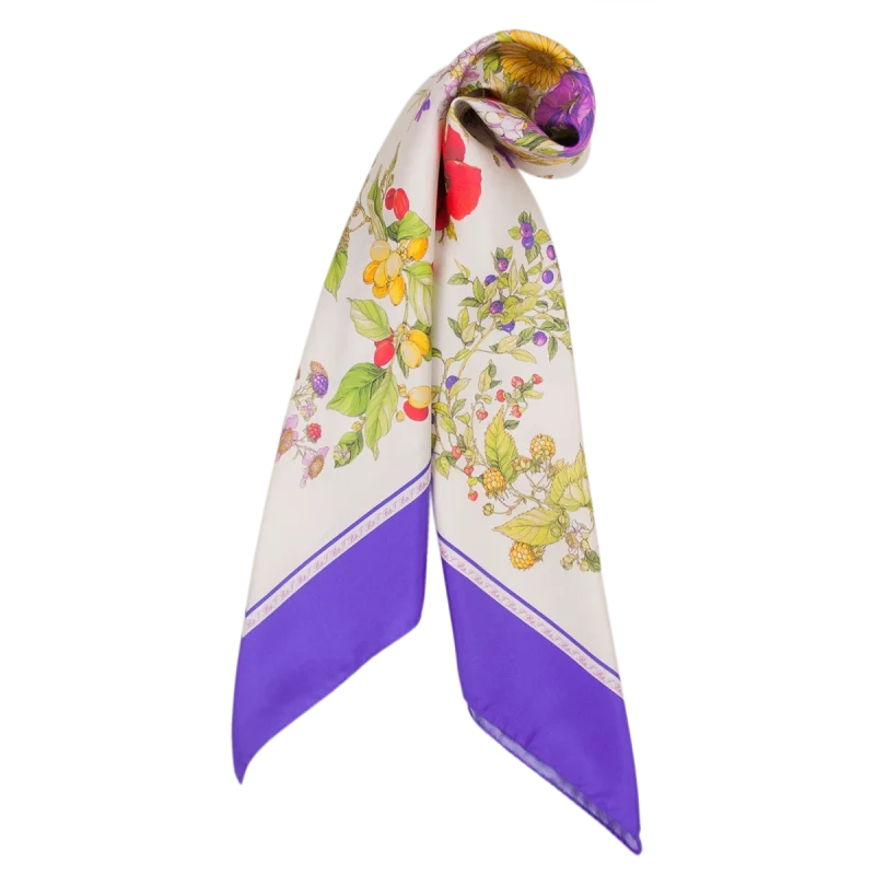 foulard da donna in seta con fantasia fiori e frutti e bordo viola