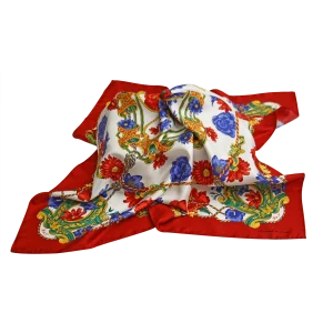 foulard in seta da donna con papaveri rossi fiori blu e bordo rosso