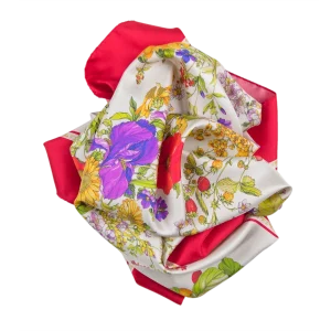 foulard da donna in seta con ghirlande floreali e frutti colorati