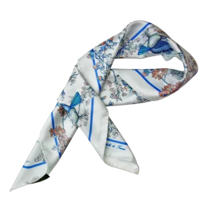 foulard da donna in seta blu e cipria annodato al collo
