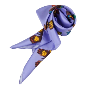 foulard da donna in seta color pervinca annodato con fantasia farfalle