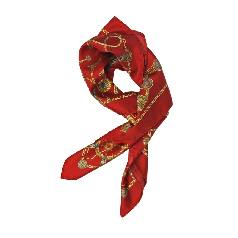 Foulard in seta rosso rubino annodato con fantasia Marina Classica