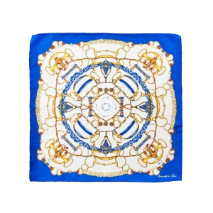 Foulard in seta bianco con bordo blu acceso e disegno a catene
