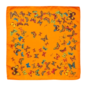 Foulard piccolo quadrato in seta arancio con fantasia a farfalle multicolore