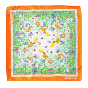 Foulard piccolo quadrato in seta con fantasia floreale multicolore e bordo arancio