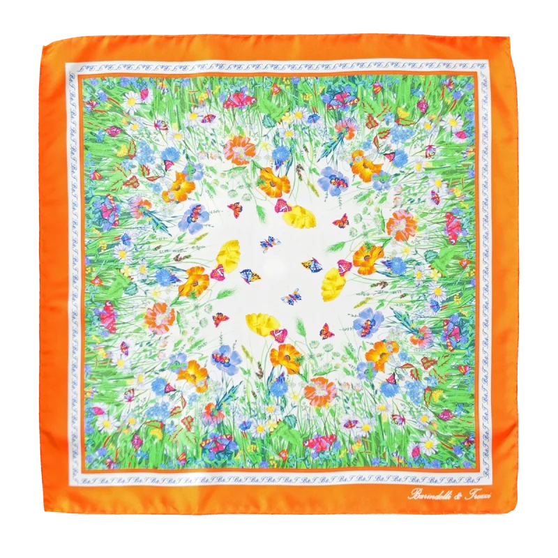 Foulard piccolo quadrato in seta con fantasia floreale multicolore e bordo arancio