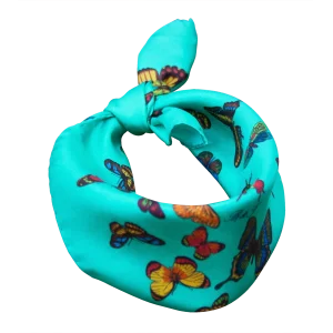 Foulard piccolo da donna in seta azzurro acqua con farfalle multicolore annodato