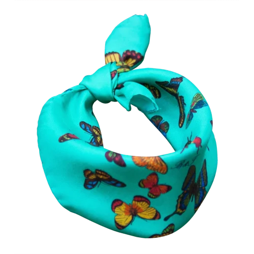 Foulard piccolo da donna in seta azzurro acqua con farfalle multicolore annodato