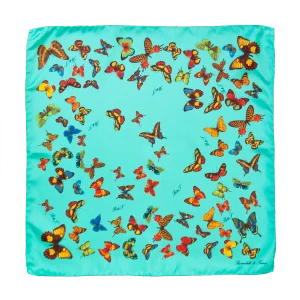 Foulard piccolo quadrato in seta azzurro acqua con fantasia a farfalle multicolore