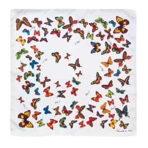 Foulard piccolo quadrato in seta bianco con fantasia a farfalle multicolore