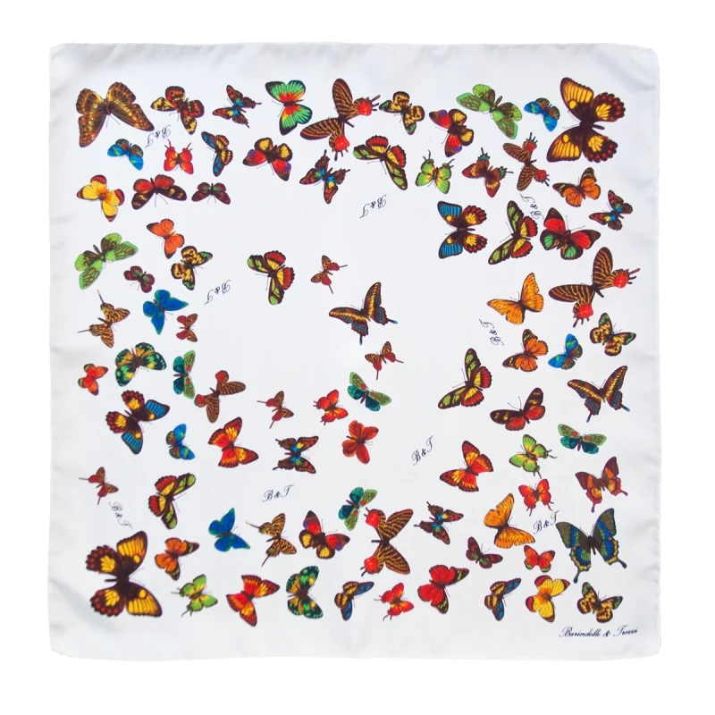 Foulard piccolo quadrato in seta bianco con fantasia a farfalle multicolore