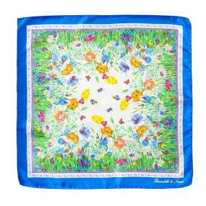 Foulard piccolo quadrato in seta con fantasia floreale multicolore e bordo blu chiaro