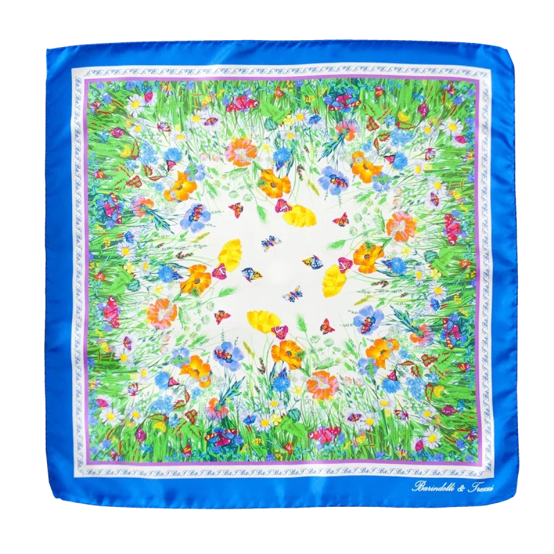 Foulard piccolo quadrato in seta con fantasia floreale multicolore e bordo blu chiaro