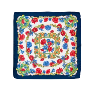 Foulard piccolo quadrato in seta blu scuro con fantasia floreale rossa bianca e oro