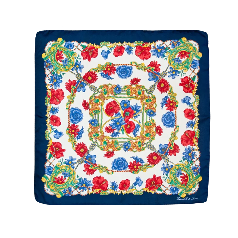 Foulard piccolo quadrato in seta blu scuro con fantasia floreale rossa bianca e oro