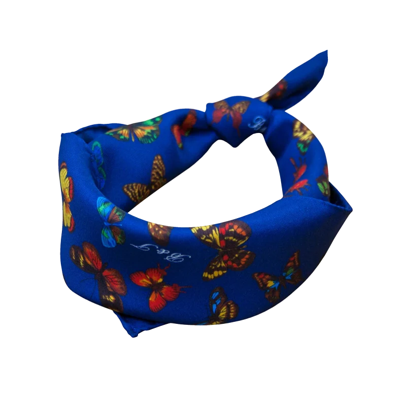 Foulard piccolo da donna in seta blu notte con farfalle multicolore annodato