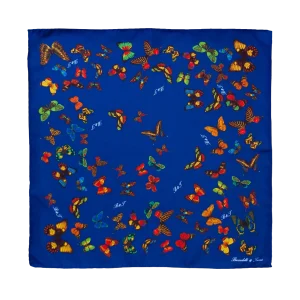 Foulard piccolo quadrato in seta blu notte con fantasia a farfalle multicolore