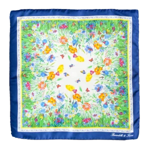 Foulard piccolo quadrato in seta con fantasia floreale multicolore e bordo blu intenso