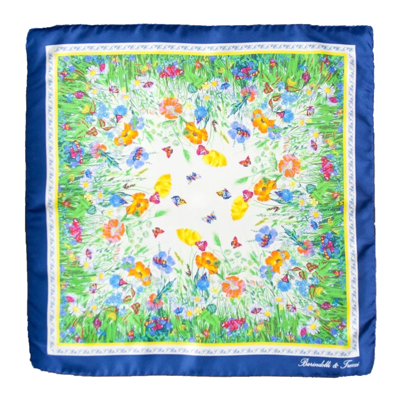 Foulard piccolo quadrato in seta con fantasia floreale multicolore e bordo blu intenso