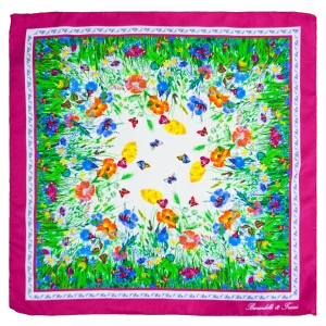 Foulard piccolo quadrato in seta con fantasia floreale multicolore e bordo color ciliegia