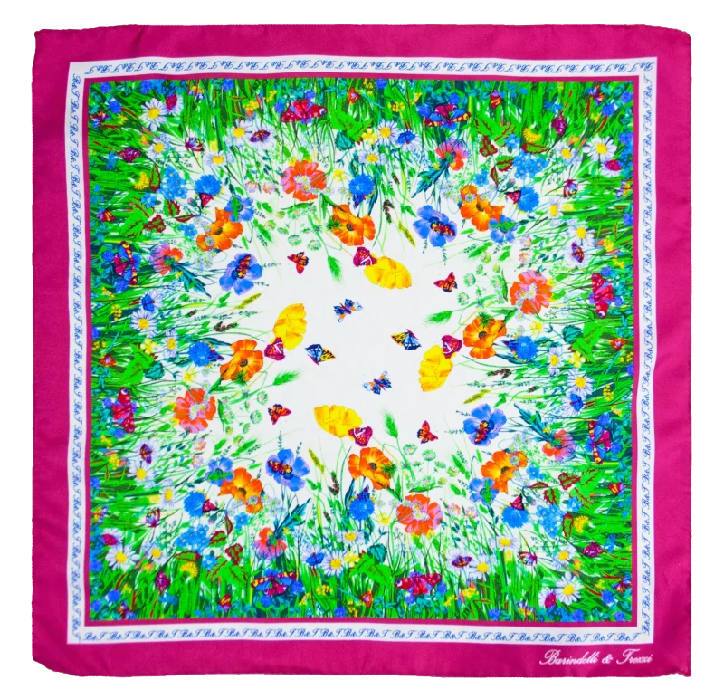 Foulard piccolo quadrato in seta con fantasia floreale multicolore e bordo color ciliegia