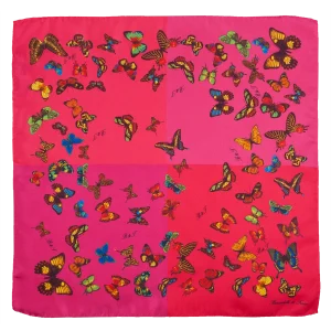 Foulard piccolo in seta Made in Italy con fantasia farfalle e fondo quadricolore ciliegia