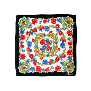 Foulard quadrato piccolo in seta con fantasia floreale rossa e blu e bordo nero