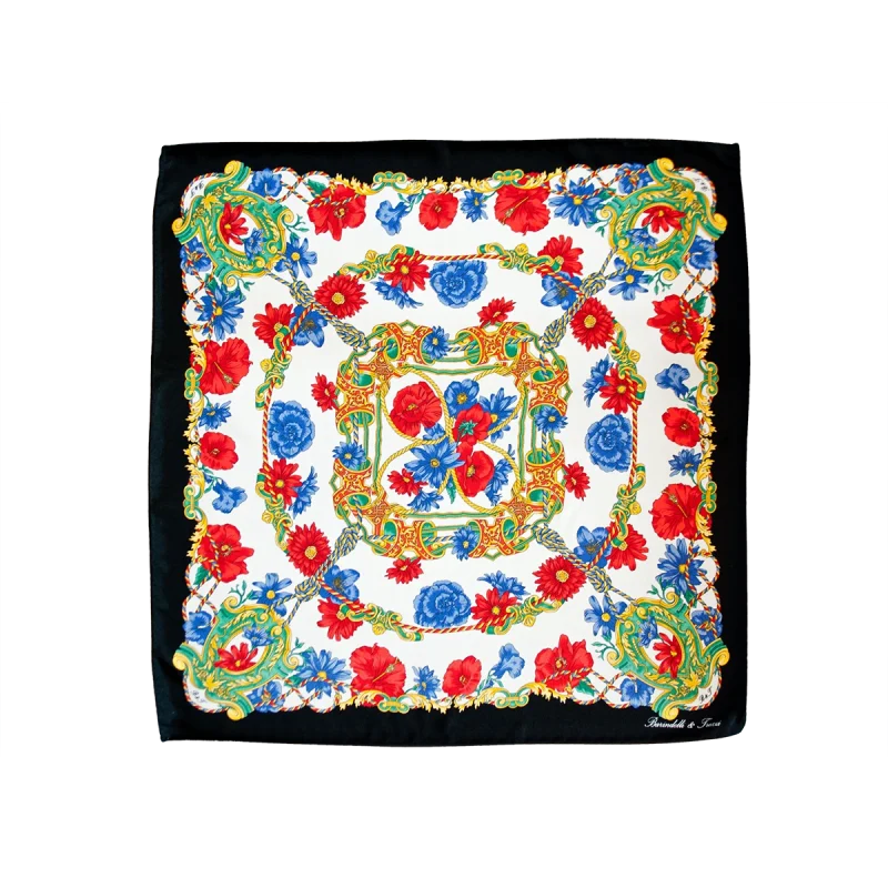 Foulard quadrato piccolo in seta con fantasia floreale rossa e blu e bordo nero