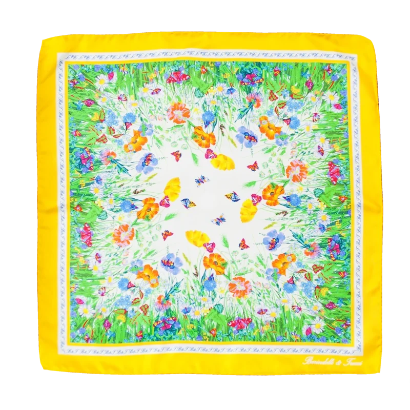 Foulard piccolo quadrato in seta con fantasia floreale e farfalle multicolore su fondo bianco e bordo giallo