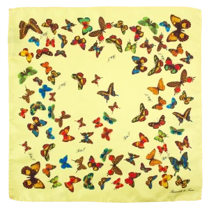 Foulard piccolo da donna in seta giallo vaniglia con fantasia a farfalle multicolore