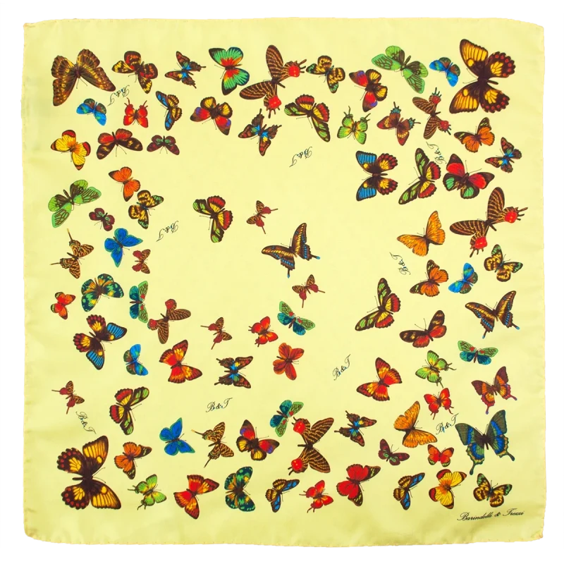 Foulard piccolo da donna in seta giallo vaniglia con fantasia a farfalle multicolore