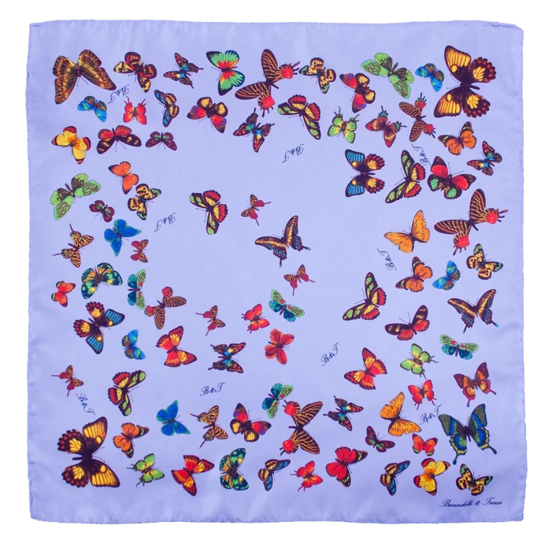 Foulard piccolo da donna in seta lilla chiaro con fantasia a farfalle multicolore