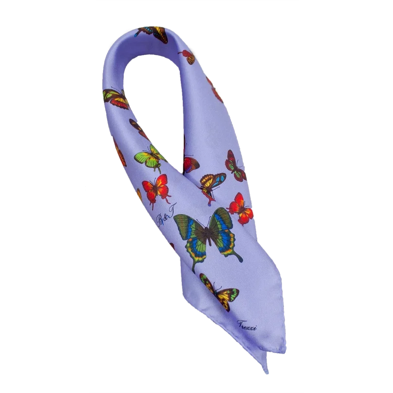 Foulard piccolo in seta lilla chiaro con farfalle multicolore piegato a punta