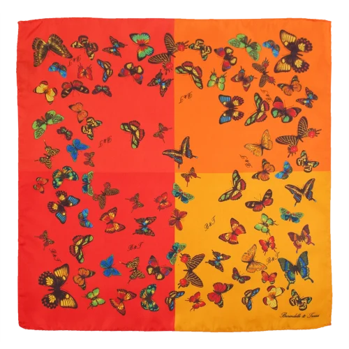 Foulard piccolo in seta con farfalle multicolore su fondo quadricolore rosso corallo arancio e giallo