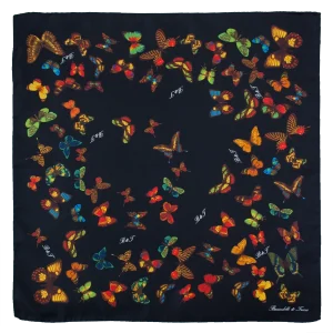 Foulard piccolo da donna in seta nera con fantasia a farfalle multicolore
