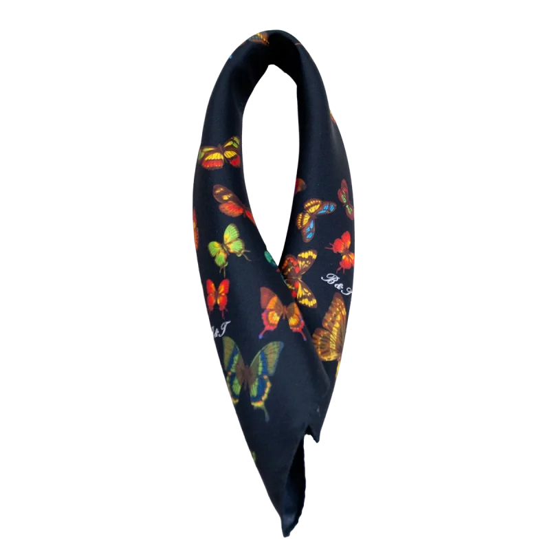 Foulard piccolo in seta nera con farfalle multicolore piegato in verticale