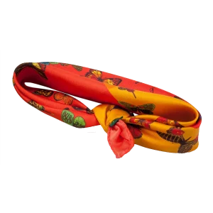 Foulard piccolo annodato in seta con farfalle multicolore su fondo quadricolore caldo
