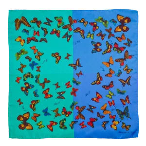 Foulard piccolo in seta con farfalle multicolore su fondo quadricolore verde acqua turchese azzurro e blu