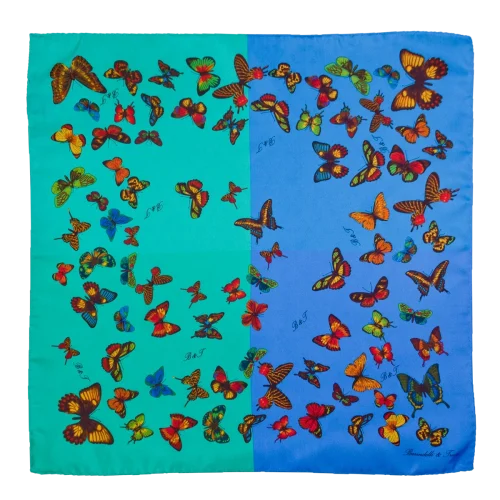 Foulard piccolo in seta con farfalle multicolore su fondo quadricolore verde acqua turchese azzurro e blu