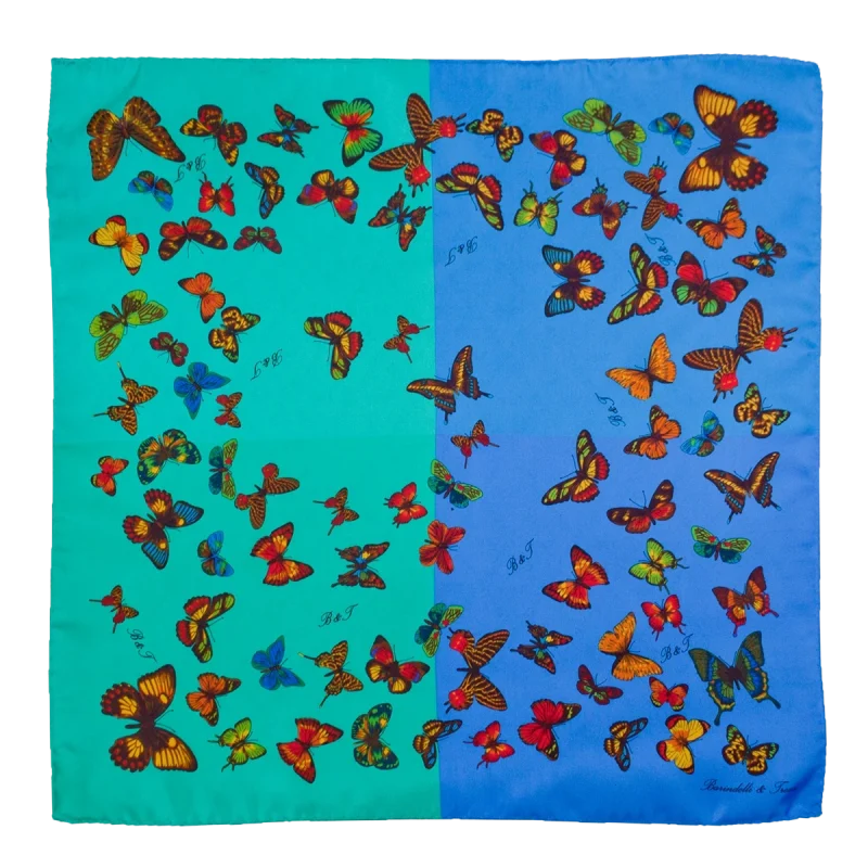 Foulard piccolo in seta con farfalle multicolore su fondo quadricolore verde acqua turchese azzurro e blu