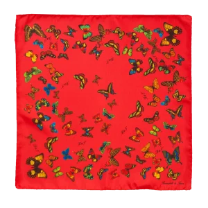 Foulard piccolo da donna in seta rossa con fantasia a farfalle multicolore