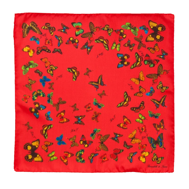 Foulard piccolo da donna in seta rossa con fantasia a farfalle multicolore