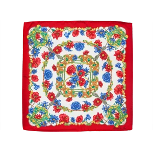 Foulard piccolo quadrato in seta rosso rubino con fantasia floreale blu bianca e oro